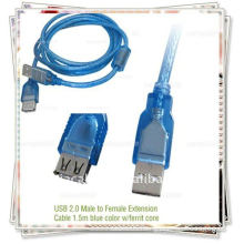 1.5m Transparent blue color USB 2.0 male to female Extension Cable USB AM TO AF CABLE w/ferrit cord